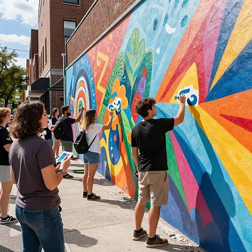 Photograph of a group painting a vibrant, colorful mural on a brick wall; diverse people in casual clothes, bright sunlight.