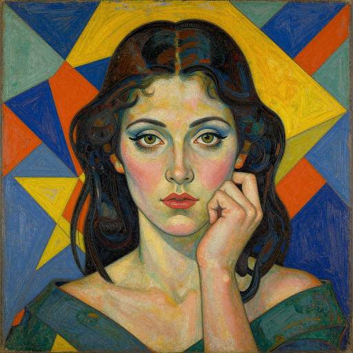 Expressionist painting of a woman with pale skin, dark wavy hair, blue eyeshadow, and red lips, resting her chin on her hand
