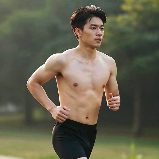 Photograph of a fit, young Asian man running outdoors, shirtless, wearing black athletic pants, with a focused expression, green forest background.