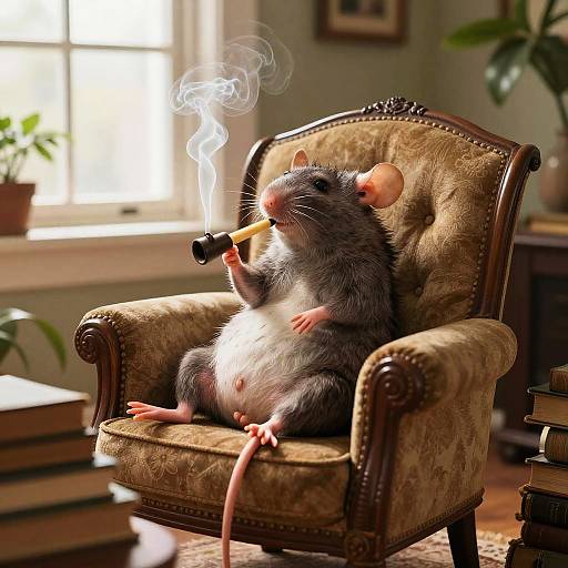 Photograph of a plump, grey rat with pink ears, sitting in an ornate, brown armchair, smoking a pipe, in a sun