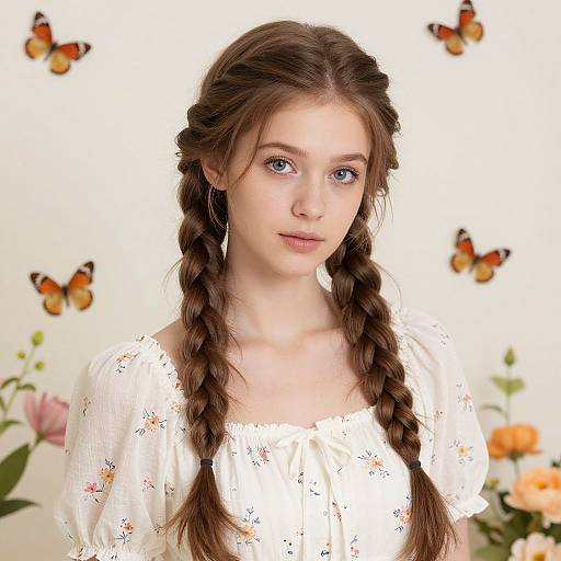 Photograph of a young woman with fair skin, blue eyes, and brown braided hair, wearing a white floral blouse, against a white background with