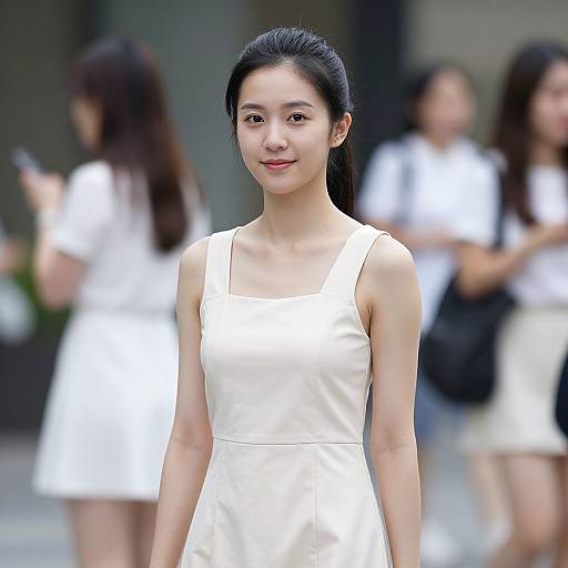 Photograph of a young Asian woman with black hair in a white sleeveless dress, smiling, standing in a blurred urban background with other women in white