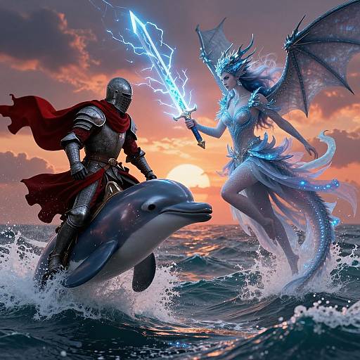Digital artwork of armored knight on dolphin battling ethereal blue-winged sorceress with glowing sword against vibrant sunset over ocean waves.