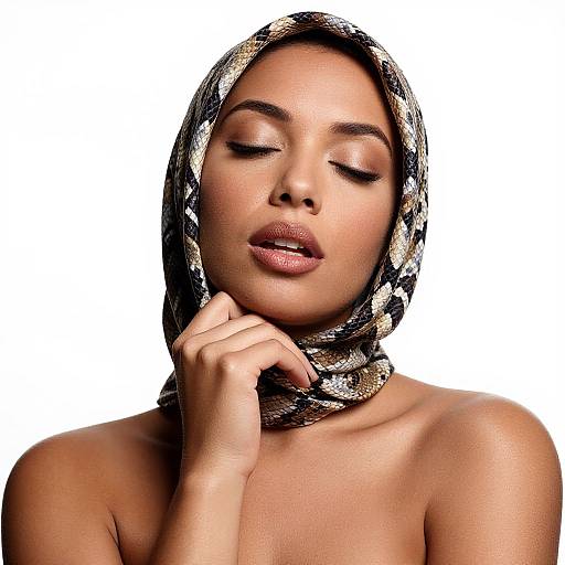 Photograph of a beautiful, tan-skinned woman with closed eyes, wearing a patterned headscarf, and glossy pink lips, touching her chin