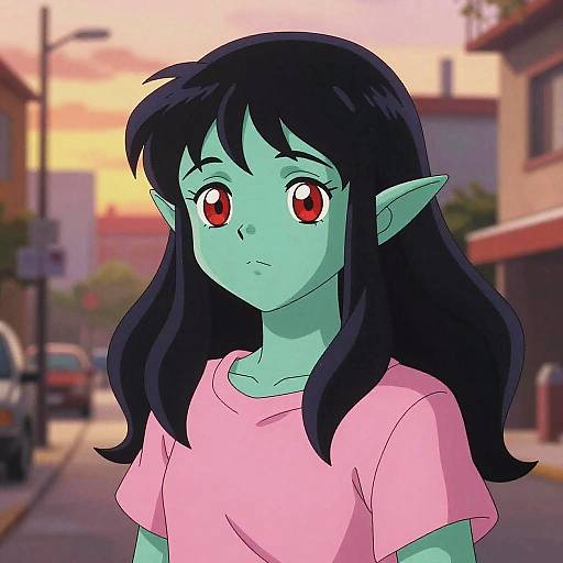 Anime Fantasy Elf Character in Urban Sunset