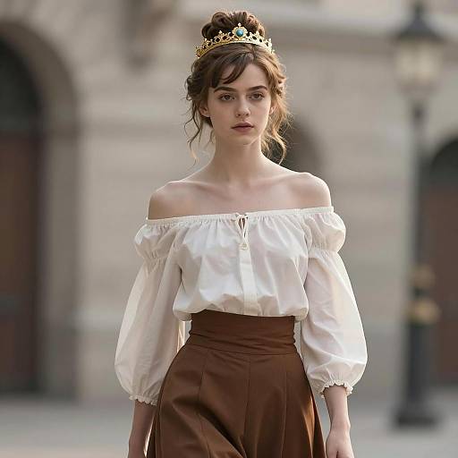 Young Woman in Off-Shoulder Blouse and Crown