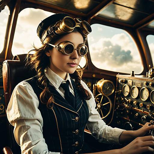 Steampunk Woman Engineer in Vintage Airship Cockpit