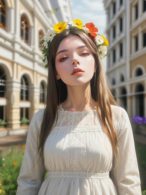 Young Woman in White Dress with Flower Crown Outdoors