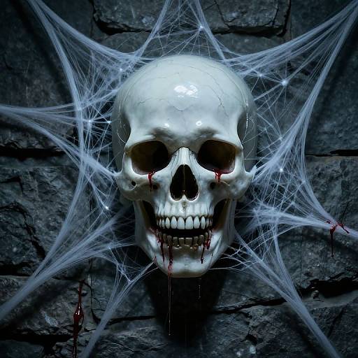 Photorealistic digital artwork of a white skull with blood dripping from eyes and mouth, encircled by white spider webs on a dark, textured stone