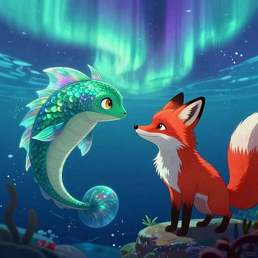 Digital illustration of a bright red fox standing on a rock, facing a green, bioluminescent merse fox with scales, underwater with glowing aur