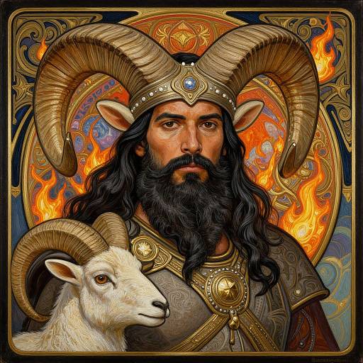 Digital illustration of a bearded man with large ram horns, wearing ornate armor, with a white ram beside him, set against a fiery, circular