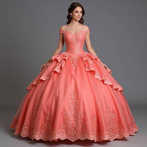 Elegant Coral Lace Quinceañera Dress