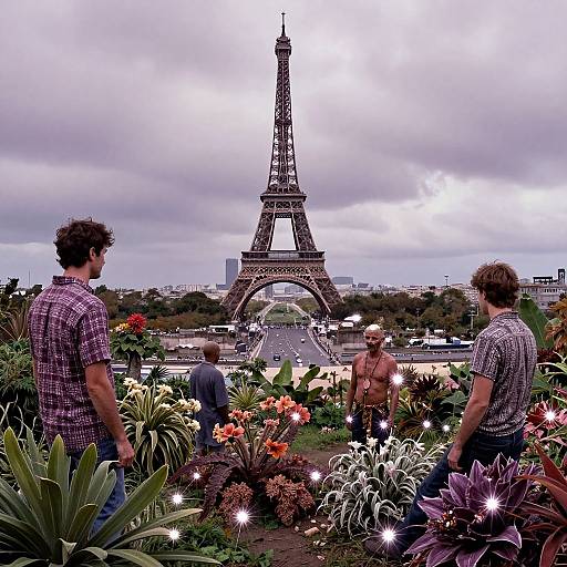 Photograph of three men standing in a flower garden with sparkling lights, facing the Eiffel Tower under a cloudy sky.