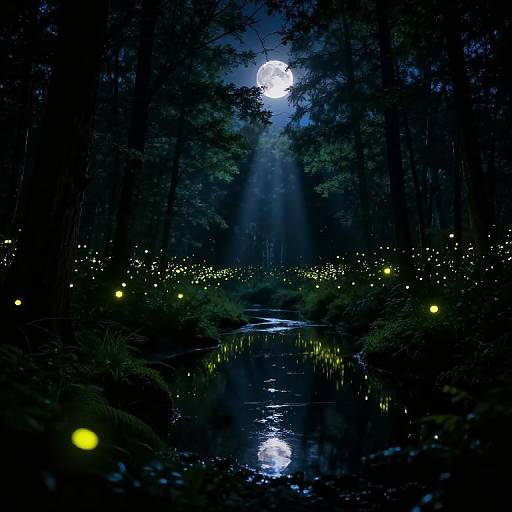 Moonlit forest scene with a glowing full moon, beams of light through trees, and a reflection in a creek. Yellow fireflies surround the water,