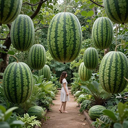 Photograph of a young woman in a white dress walking through a lush garden path surrounded by enormous, hanging watermelons.
