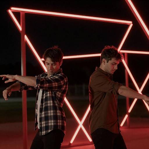 Men Dancing Under Neon Lights at Night
