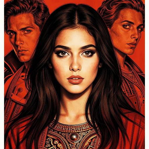Digital art: Central dark-haired woman with intense gaze, adorned in intricate jewelry, flanked by two serious, red-toned men on a vivid red