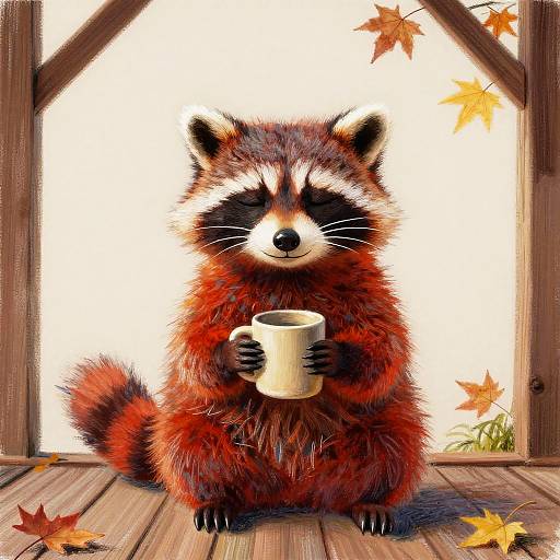 Digital illustration of a cute, fluffy red panda with black and white markings, holding a white mug, standing on a wooden porch with autumn leaves.