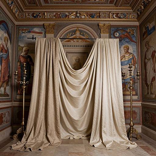 Ornate chapel with richly decorated walls, draped in luxurious cream fabric, flanked by gold candelabras, and religious paintings of saints.