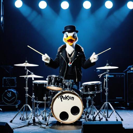 Duck Mascot Playing Drums on Stage