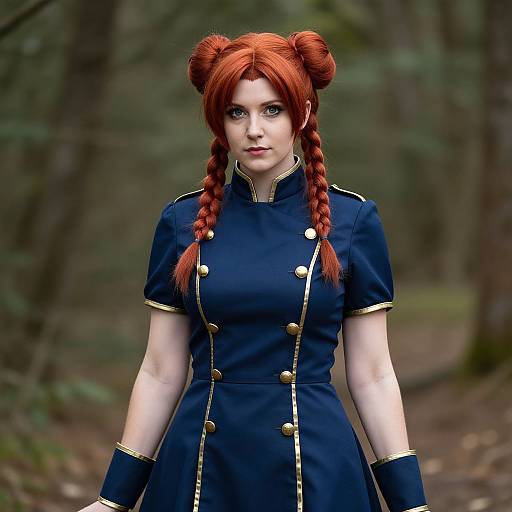 Digital art of a pale-skinned woman with red braided hair, wearing a navy blue dress with gold buttons, standing in a forest.