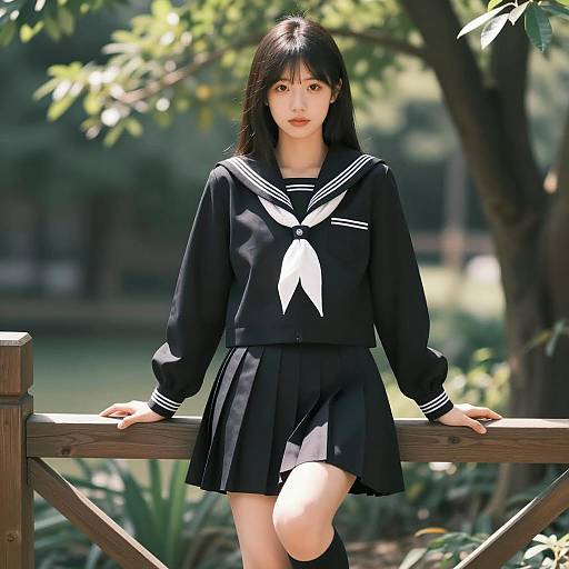 Asian Woman in Black Sailor School Uniform Outdoors