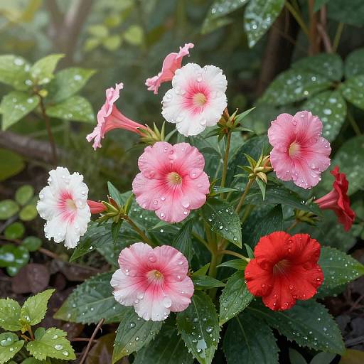 Photograph of pink and white morning glories with water droplets, mixed with one red flower, on dark green leaves in a lush garden background.