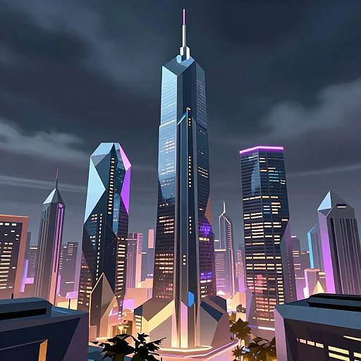 CGI image of a futuristic cityscape at night, featuring neon-lit, angular skyscrapers with glowing blue, purple, and yellow lights against