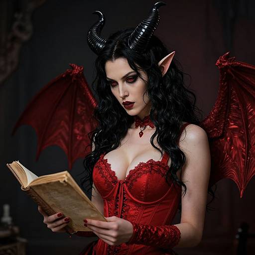 Photorealistic digital artwork of a pale-skinned, black-haired demon woman with red wings, horns, and red lace corset, reading a book