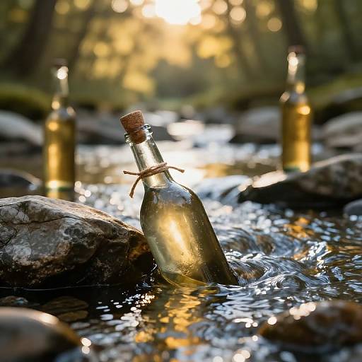 Photograph of a glowing, corked glass bottle partially submerged in a rocky stream, surrounded by blurred, sunlit forest and two additional glowing bottles in