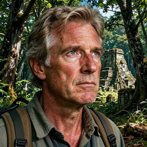 Photorealistic portrait of an older man with gray hair, blue eyes, and a serious expression, wearing a green shirt and backpack, standing in a