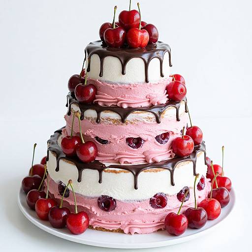 Photograph of a three-tiered cake with white and pink frosting, chocolate drizzle, and scattered red cherries on top and sides.