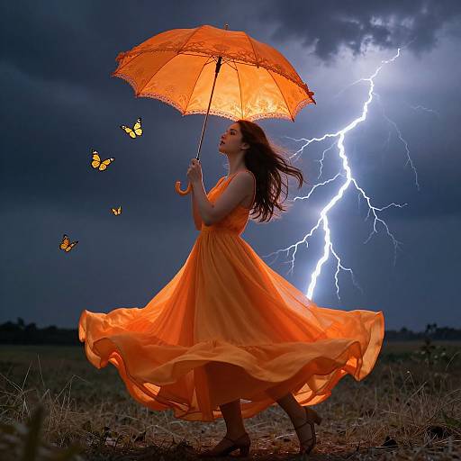 Photograph of a woman in an orange dress holding an orange umbrella, surrounded by butterflies, with a lightning bolt in a stormy night sky.