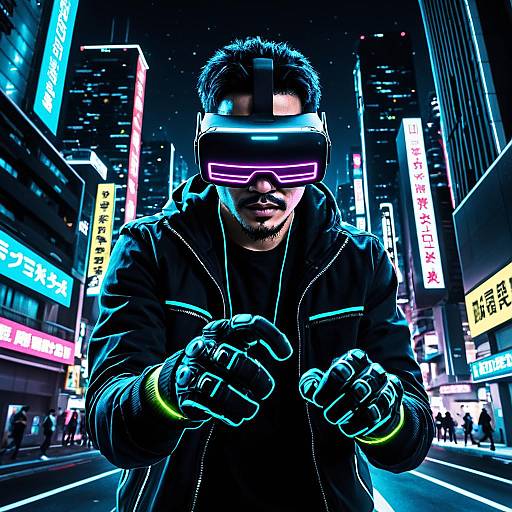 Hacker in Cybercity with VR Gear