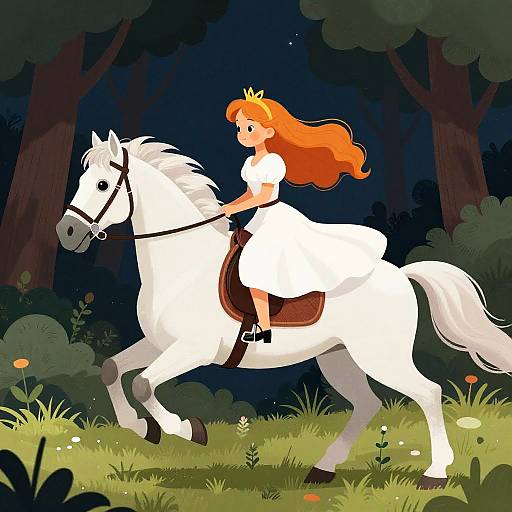 Princess Riding White Horse at Night