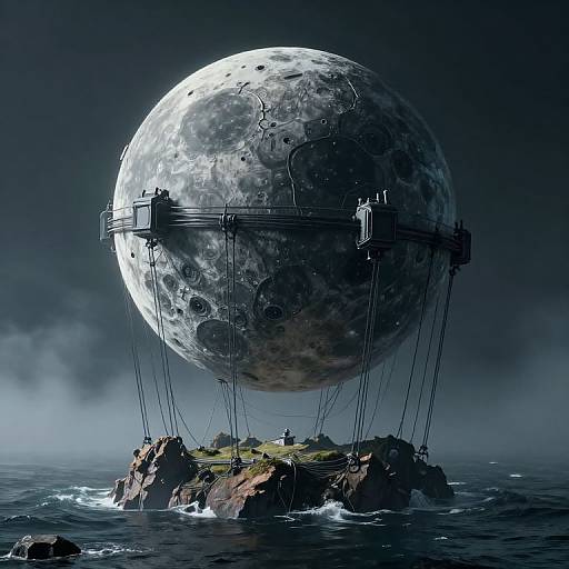 Cyberpunk Colossal Moon Over Ocean