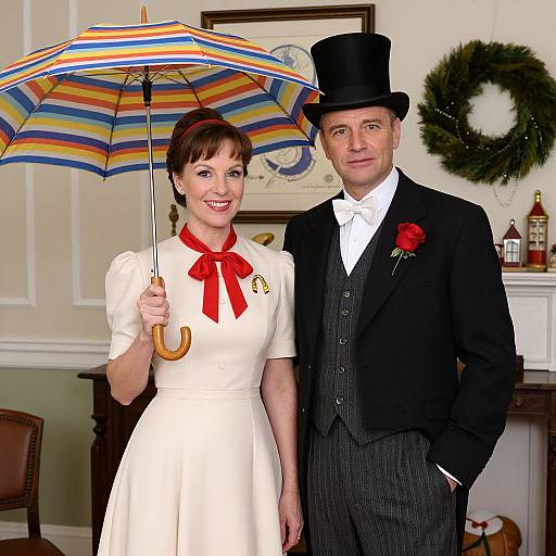 Photograph of a smiling couple in vintage attire; woman in white dress with red bow holding rainbow umbrella, man in black suit and top hat with red