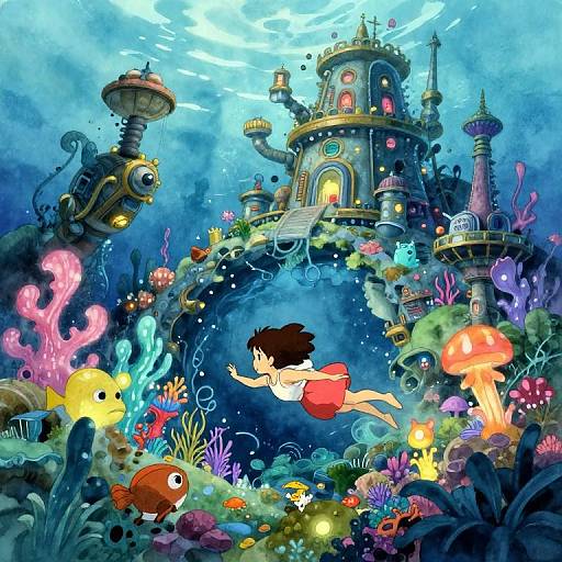 Colorful underwater scene with a young girl in a red swimsuit swimming around a whimsical, steampunk-style castle surrounded by vibrant coral, fish