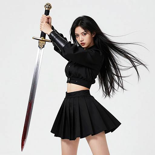 Digital illustration of an Asian woman with long black hair, wearing a black crop top and skirt, holding a sword, poised for battle against a white background