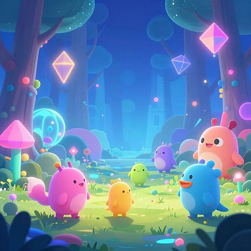 Vibrant digital artwork of a magical forest at night, featuring colorful, cute, round creatures with glowing neon accents among glowing mushrooms and geometric lights,
