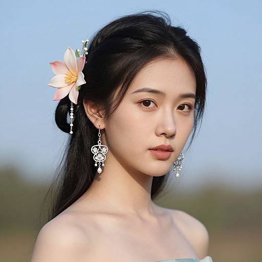 Photograph of an Asian woman with fair skin, black hair, and a white flower in her hair, wearing dangling silver earrings, against a blue sky