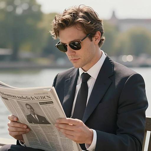 Focused Man in Suit with Newspaper
