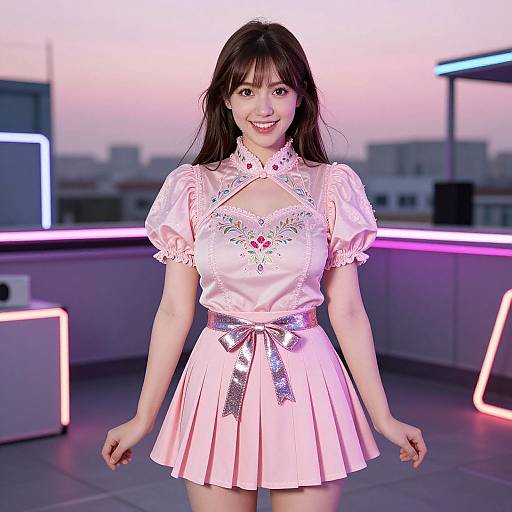 Photograph of a smiling Asian woman with long brown hair, wearing a pink satin dress with floral embroidery and ribbon, standing on a rooftop at sunset with