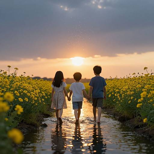 Photograph of a sunlit sunset, showing a girl in a dress, a boy in white shirt, and another in blue, holding hands, walking