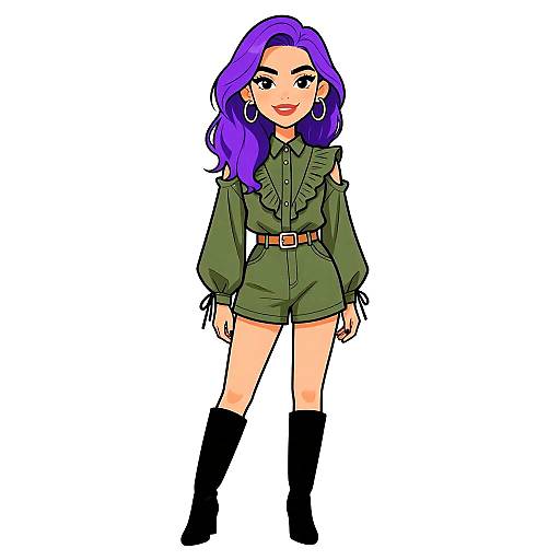 Digital illustration of a stylish woman with vibrant purple hair, green military-inspired romper, black boots, hoop earrings, and confident smile.