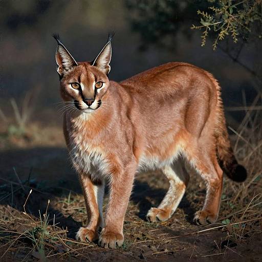 Photograph of a sleek, reddish-brown lynx with black-tipped ears and intense yellow eyes, standing alert in a dimly lit forest