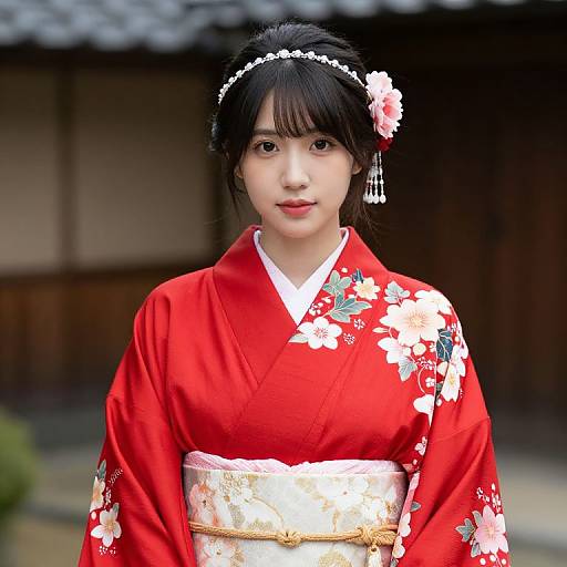 Woman in Red Floral Kimono
