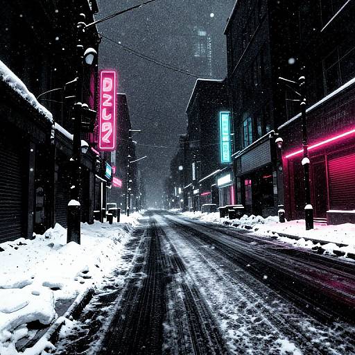 Neon-lit, snowy urban street at night, with bright pink and blue signs, snow-covered ground, and wet, slushy road.