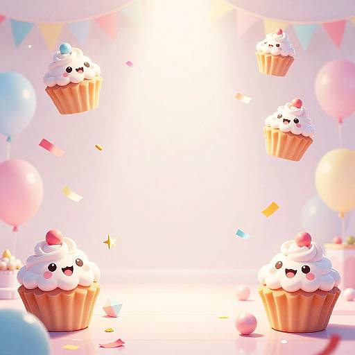 Whimsical digital illustration of six smiling cupcake characters with white frosting and cherries, floating against a bright, festive background with colorful balloons and b