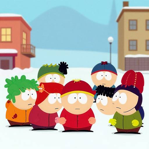 Cartoon-style image of six colorful, round-headed kids with various hats and winter clothes, standing in a snowy town with buildings.